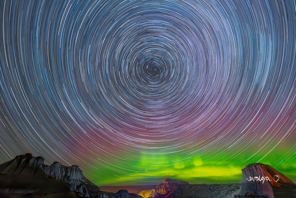 Star Trails and Northern Lights over Albertan Badlands